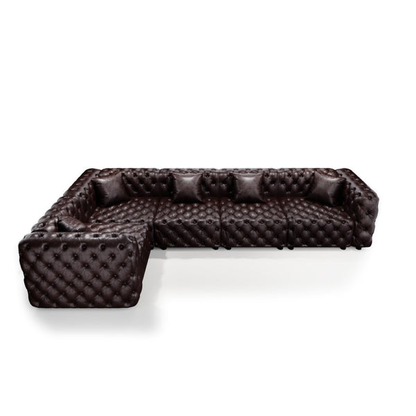 English Elm 132.5" Modular Faux Leather Sectional Sofa Button Tufted 5 Seat Living Room Couch Brown W1885S00508