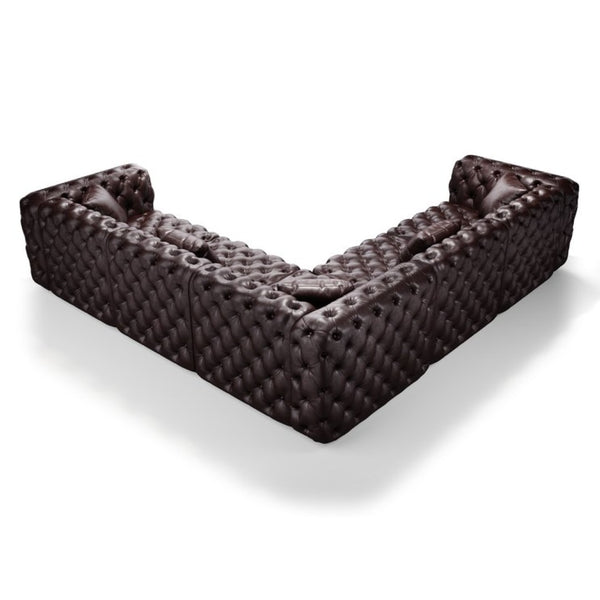 English Elm 132.5" Modular Faux Leather Sectional Sofa Button Tufted 5 Seat Living Room Couch Brown W1885S00508