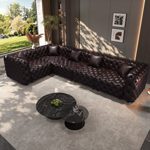 English Elm 132.5" Modular Faux Leather Sectional Sofa Button Tufted 5 Seat Living Room Couch Brown W1885S00508