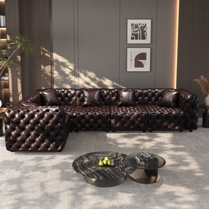English Elm 132.5" Modular Faux Leather Sectional Sofa Button Tufted 5 Seat Living Room Couch Brown W1885S00508