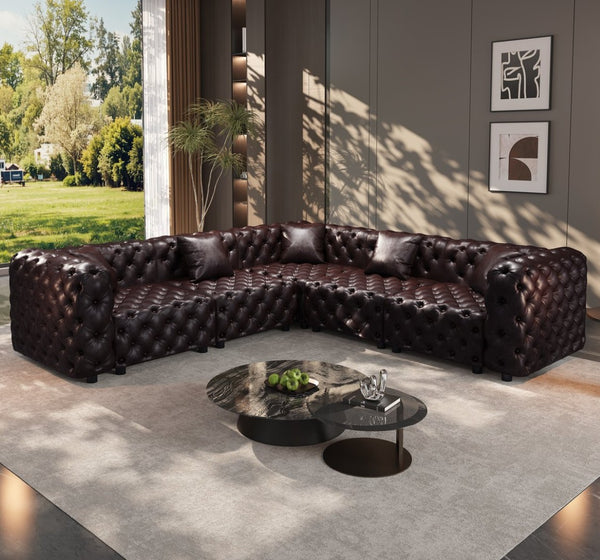 English Elm 132.5" Modular Faux Leather Sectional Sofa Button Tufted 5 Seat Living Room Couch Brown W1885S00508