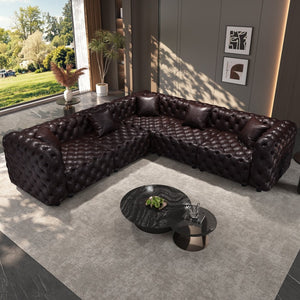 English Elm 132.5" Modular Faux Leather Sectional Sofa Button Tufted 5 Seat Living Room Couch Brown W1885S00508