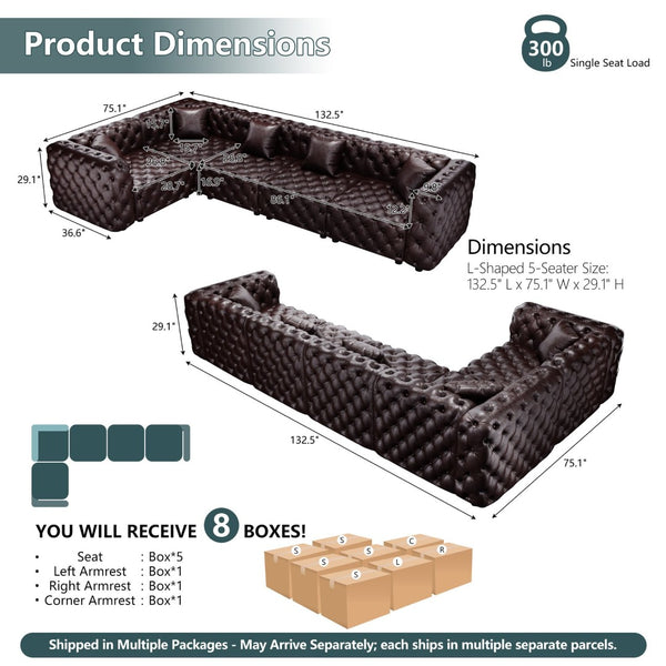 English Elm 132.5" Modular Faux Leather Sectional Sofa Button Tufted 5 Seat Living Room Couch Brown W1885S00508