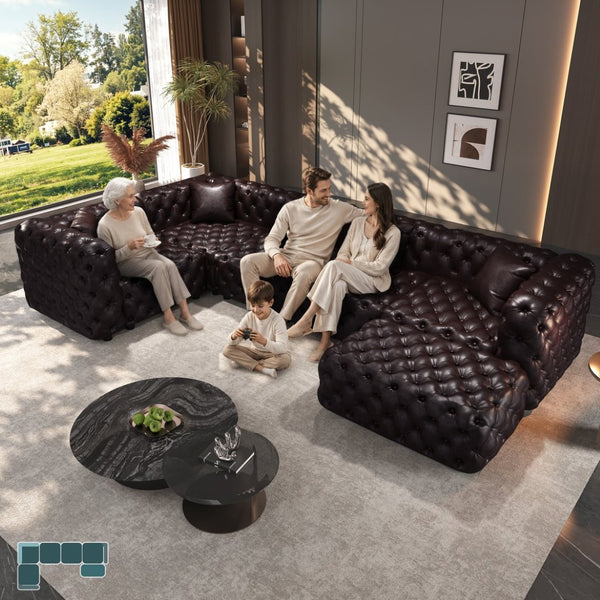 English Elm 132.5 Inch Modular Faux Leather Sectional Sofa with Button Tufting Ottoman and Pillows W1885S00509