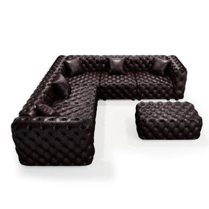 English Elm 132.5 Inch Modular Faux Leather Sectional Sofa with Button Tufting Ottoman and Pillows W1885S00509