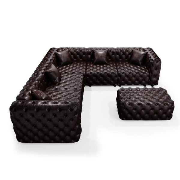 English Elm 132.5 Inch Modular Faux Leather Sectional Sofa with Button Tufting Ottoman and Pillows W1885S00509