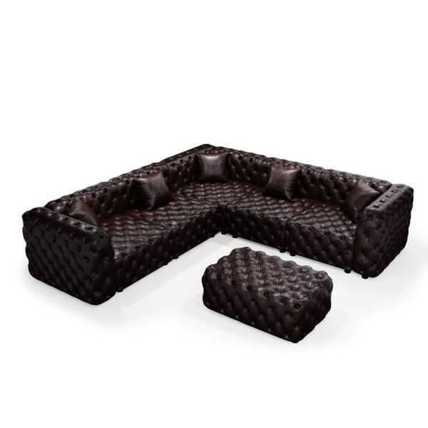 English Elm 132.5 Inch Modular Faux Leather Sectional Sofa with Button Tufting Ottoman and Pillows W1885S00509