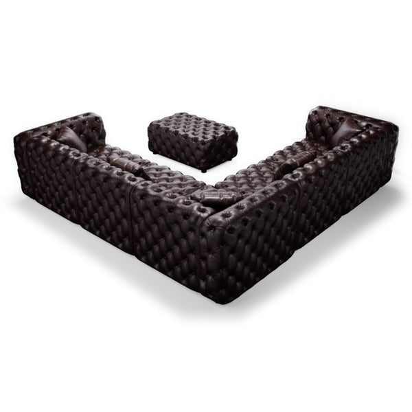 English Elm 132.5 Inch Modular Faux Leather Sectional Sofa with Button Tufting Ottoman and Pillows W1885S00509