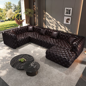 English Elm 132.5 Inch Modular Faux Leather Sectional Sofa with Button Tufting Ottoman and Pillows W1885S00509