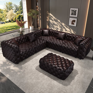 English Elm 132.5 Inch Modular Faux Leather Sectional Sofa with Button Tufting Ottoman and Pillows W1885S00509