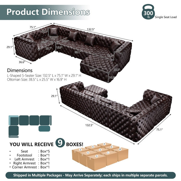 English Elm 132.5 Inch Modular Faux Leather Sectional Sofa with Button Tufting Ottoman and Pillows W1885S00509
