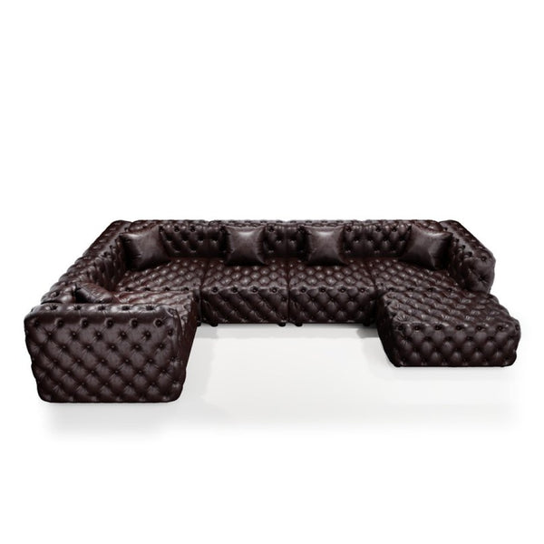 English Elm 132.5 Inch Modular Faux Leather Sectional Sofa with Button Tufting Ottoman and Pillows W1885S00509