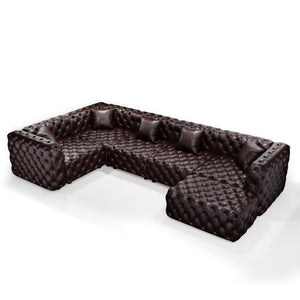 English Elm 132.5 Inch Modular Faux Leather Sectional Sofa with Button Tufting Ottoman and Pillows W1885S00509