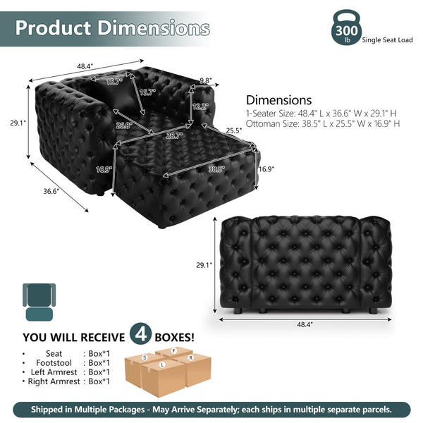 English Elm 48.4 Inch Faux Leather Modular Sectional Sofa with Italian Tufting and Ottoman Included Black W1885S00513