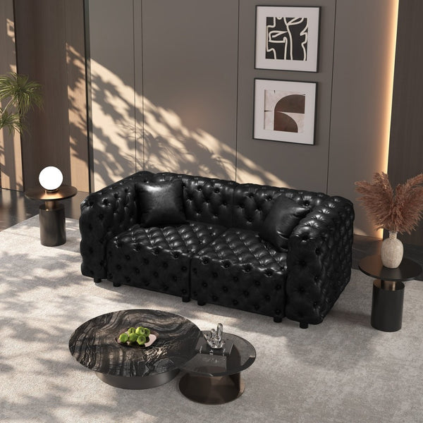 English Elm 77" Faux Leather Modular Sectional Sofa Hand Tufted Italian Style for Living Room Black W1885S00514