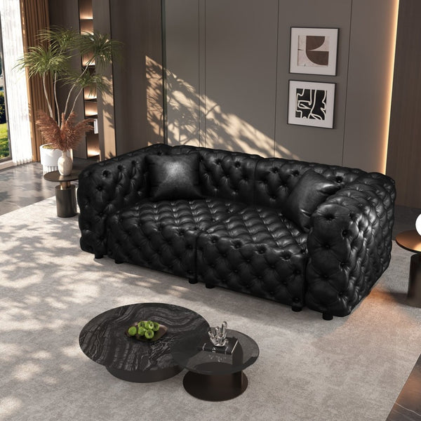 English Elm 77" Faux Leather Modular Sectional Sofa Hand Tufted Italian Style for Living Room Black W1885S00514