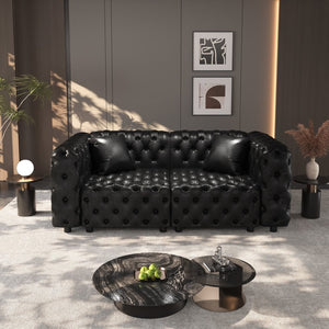 English Elm 77" Faux Leather Modular Sectional Sofa Hand Tufted Italian Style for Living Room Black W1885S00514