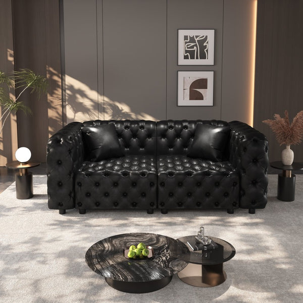 English Elm 77" Faux Leather Modular Sectional Sofa Hand Tufted Italian Style for Living Room Black W1885S00514