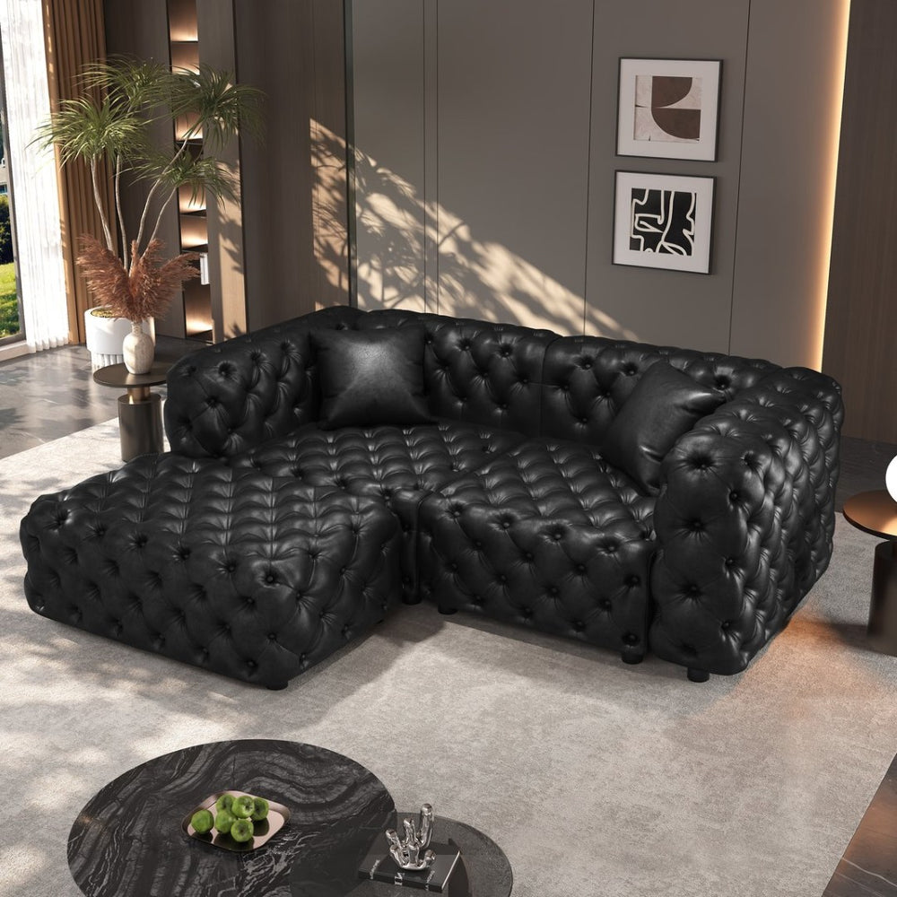 English Elm 77 Inch Faux Leather Modular Sectional Sofa with Hand Tufted Design Ottoman and Pillows W1885S00515