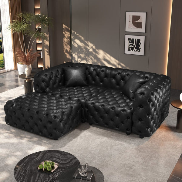English Elm 77 Inch Faux Leather Modular Sectional Sofa with Hand Tufted Design Ottoman and Pillows W1885S00515