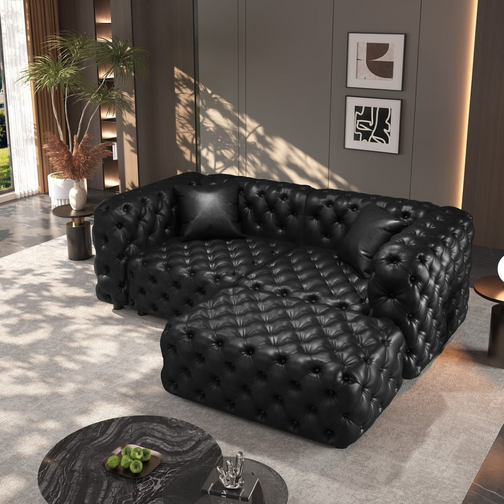 English Elm 77 Inch Faux Leather Modular Sectional Sofa with Hand Tufted Design Ottoman and Pillows W1885S00515