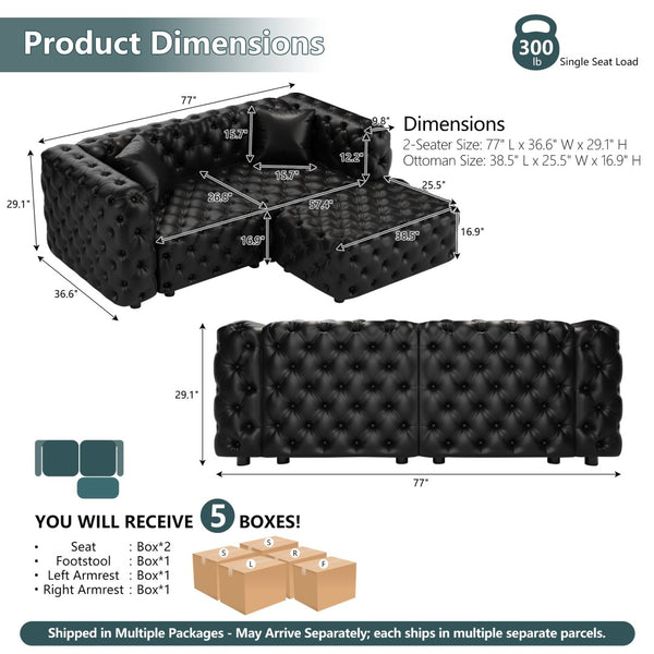 English Elm 77 Inch Faux Leather Modular Sectional Sofa with Hand Tufted Design Ottoman and Pillows W1885S00515