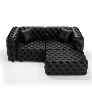 English Elm 77 Inch Faux Leather Modular Sectional Sofa with Hand Tufted Design Ottoman and Pillows W1885S00515