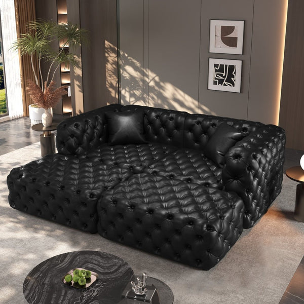 English Elm 77 Inch Modular Faux Leather Sectional Sofa Hand Tufted with Ottomans for Living Room W1885S00516