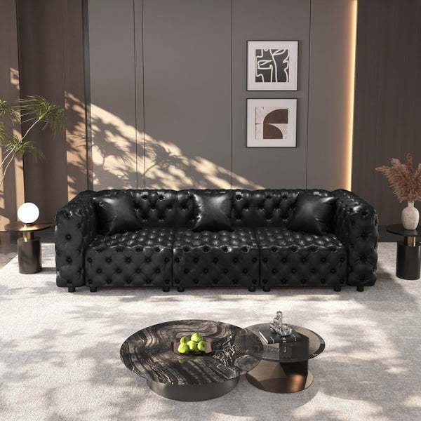 English Elm 105.7" Modular Faux Leather Sectional Sofa with Tufted Italian Style and Solid Wood Frame Black W1885S00517