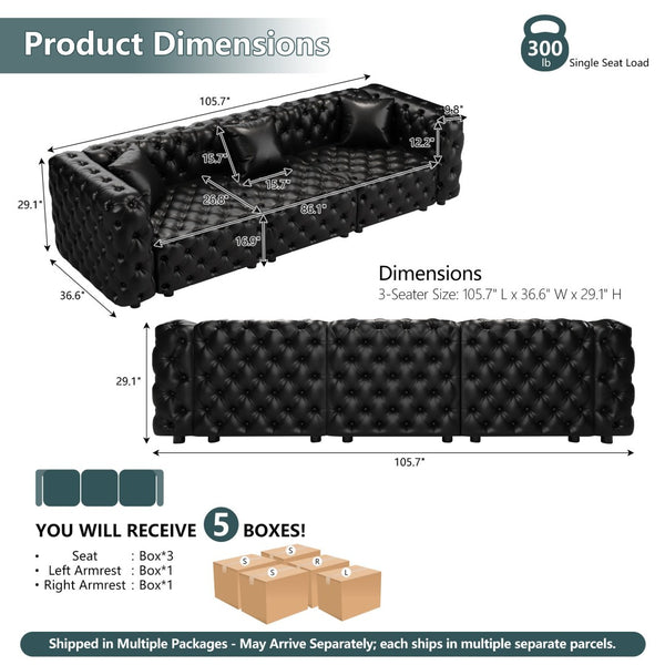 English Elm 105.7" Modular Faux Leather Sectional Sofa with Tufted Italian Style and Solid Wood Frame Black W1885S00517
