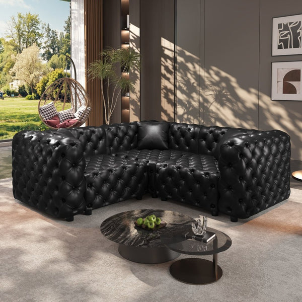 English Elm 75.1" Faux Leather Modular Sectional Sofa with Hand Tufted Cushions for Living Room Black W1885S00518