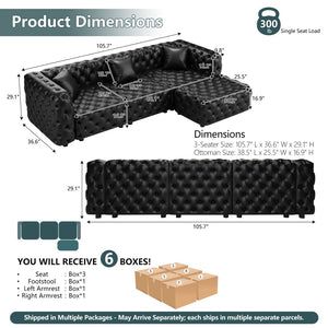 English Elm 105.7" Modular Faux Leather Sectional Sofa with Tufted Italian Style and Solid Wood Frame W1885S00519
