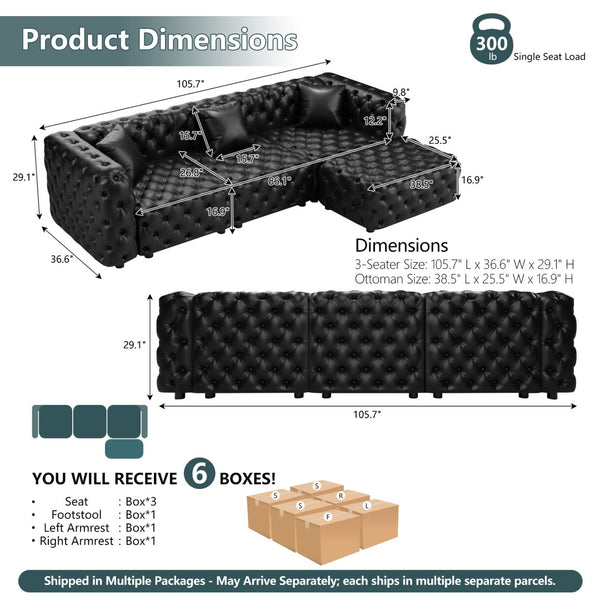 English Elm 105.7" Modular Faux Leather Sectional Sofa with Tufted Italian Style and Solid Wood Frame W1885S00519