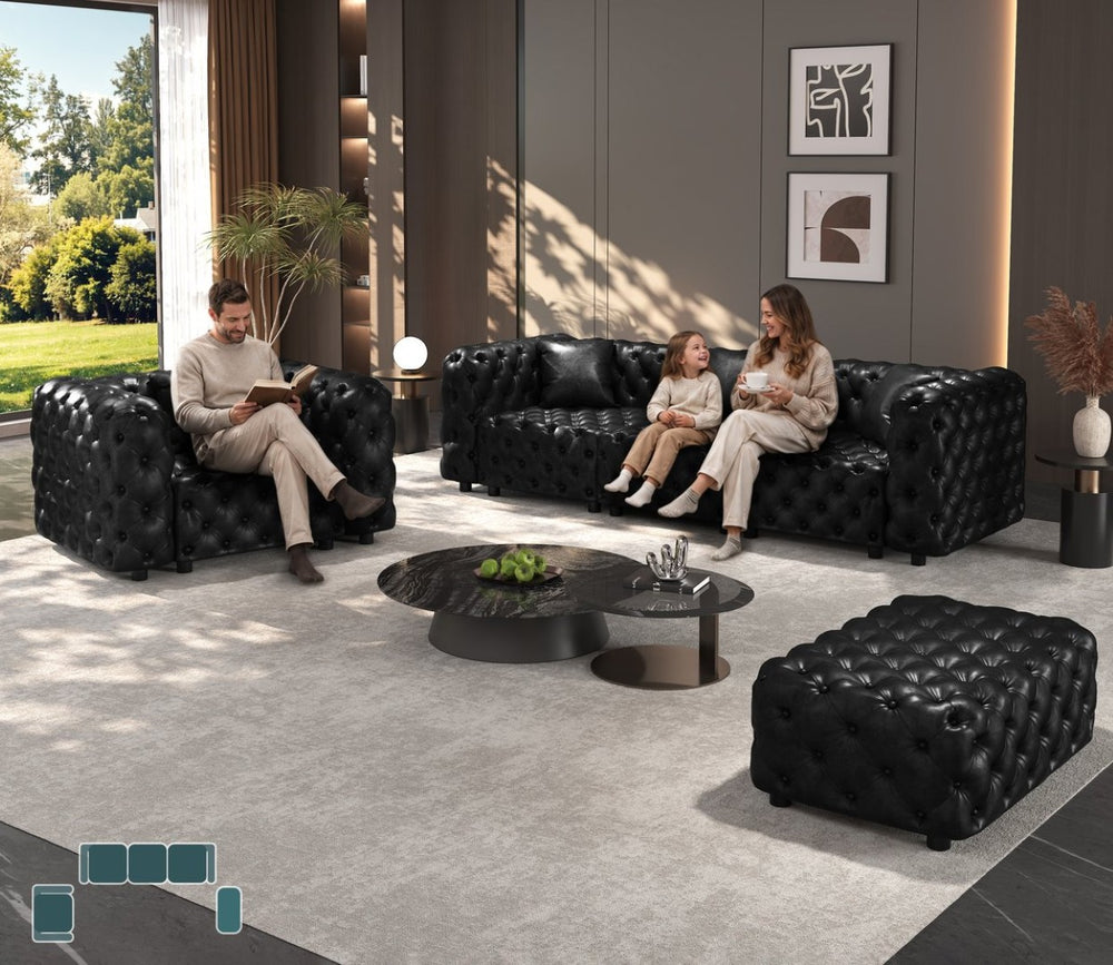 English Elm Modern Faux Leather Modular Sectional Sofa with Italian Tufting Ottoman Living Room Black W1885S00521