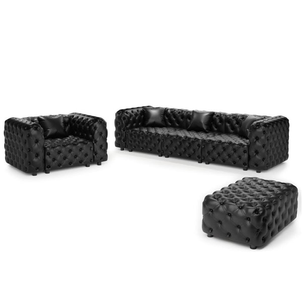 English Elm Modern Faux Leather Modular Sectional Sofa with Italian Tufting Ottoman Living Room Black W1885S00521
