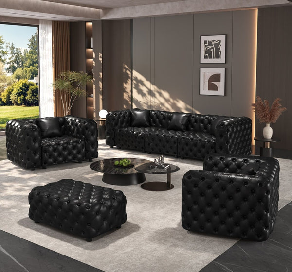 English Elm Modern Faux Leather Modular Sectional Sofa with Handcrafted Tufting Ottoman and Pillows Black W1885S00522