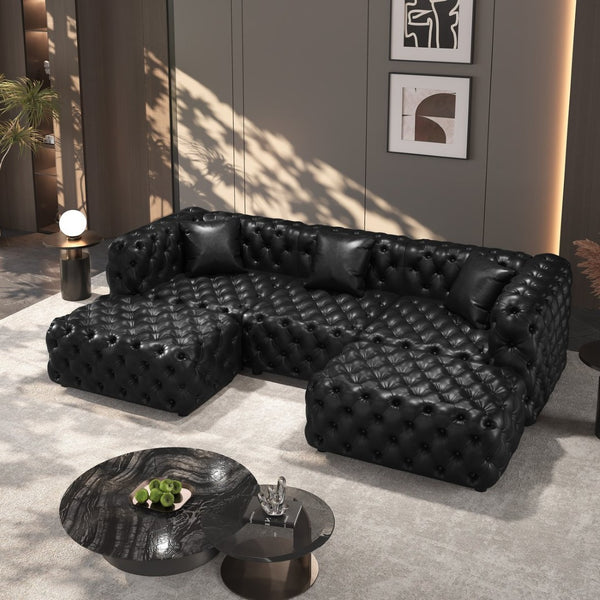 English Elm 105.7" Modular Faux Leather Sectional Sofa Button Tufted Italian Style with Ottomans Black W1885S00523