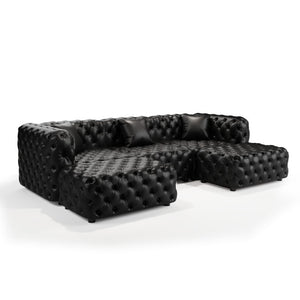 English Elm 105.7" Modular Faux Leather Sectional Sofa Button Tufted Italian Style with Ottomans Black W1885S00523