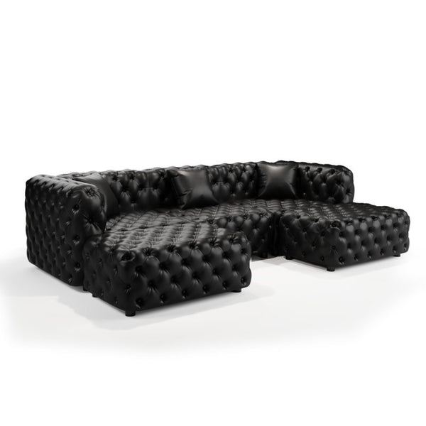 English Elm 105.7" Modular Faux Leather Sectional Sofa Button Tufted Italian Style with Ottomans Black W1885S00523