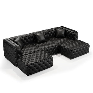 English Elm 105.7" Modular Faux Leather Sectional Sofa Button Tufted Italian Style with Ottomans Black W1885S00523