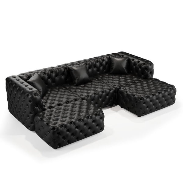 English Elm 105.7" Modular Faux Leather Sectional Sofa Button Tufted Italian Style with Ottomans Black W1885S00523