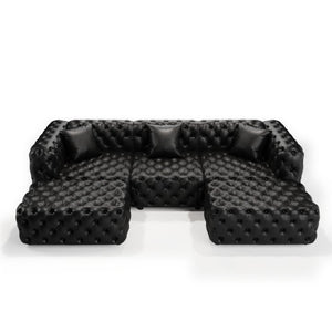 English Elm 105.7" Modular Faux Leather Sectional Sofa Button Tufted Italian Style with Ottomans Black W1885S00523