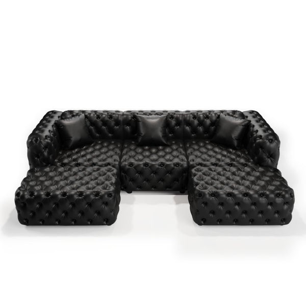 English Elm 105.7" Modular Faux Leather Sectional Sofa Button Tufted Italian Style with Ottomans Black W1885S00523