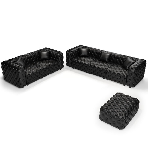 English Elm Modern Faux Leather Modular Sectional Sofa with Tufted Cushions Ottoman and Pillows Black W1885S00525