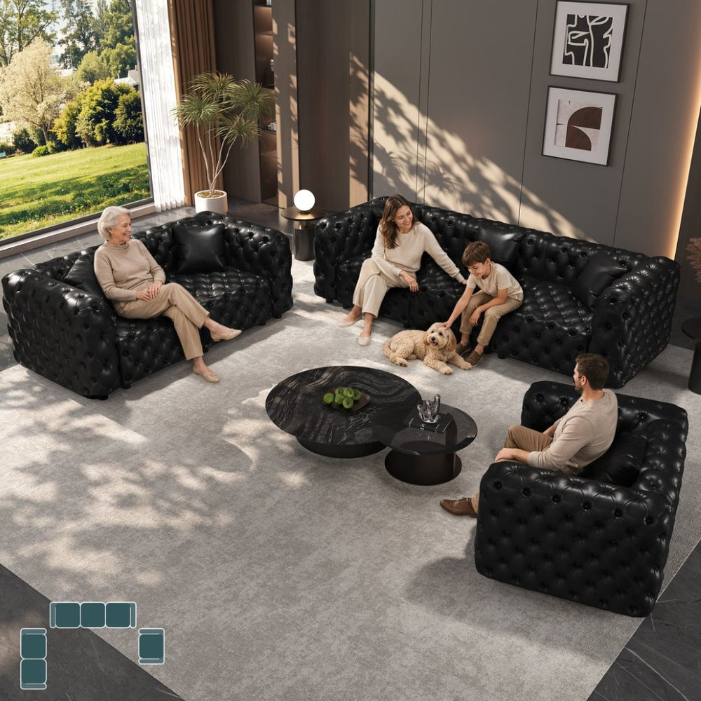 English Elm Modern Tufted Faux Leather Modular Sectional Sofa Six Seat Living Room Couch Black W1885S00526