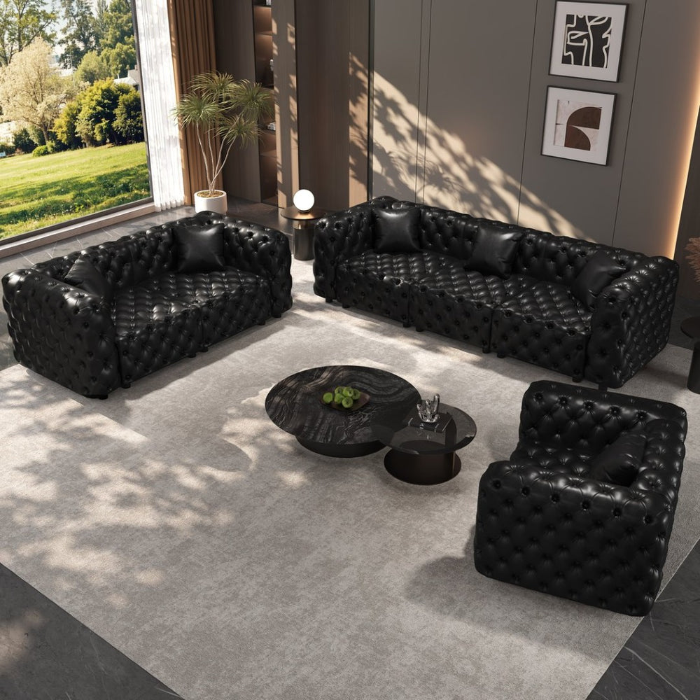 English Elm Modern Tufted Faux Leather Modular Sectional Sofa Six Seat Living Room Couch Black W1885S00526