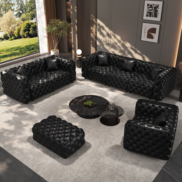 English Elm Modern Faux Leather Modular Sectional Sofa with Tufted Detailing Ottoman and Six Pillows Black W1885S00527