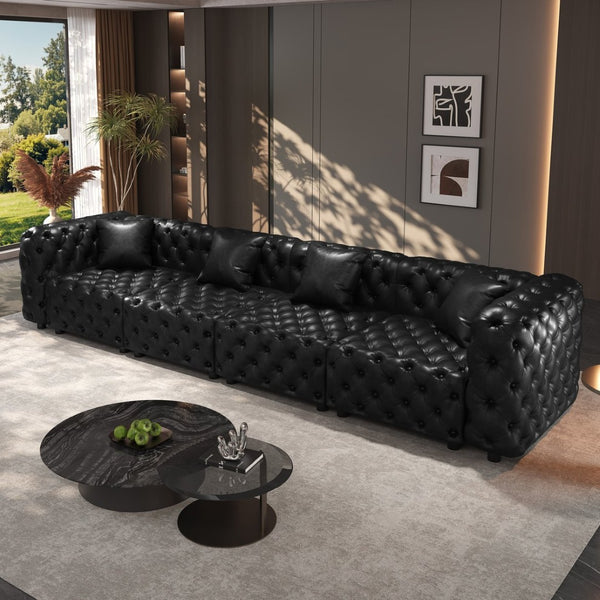 English Elm 134.4" Faux Leather Modular Sectional Sofa with Button Tufted Detail for Living Room Black W1885S00528