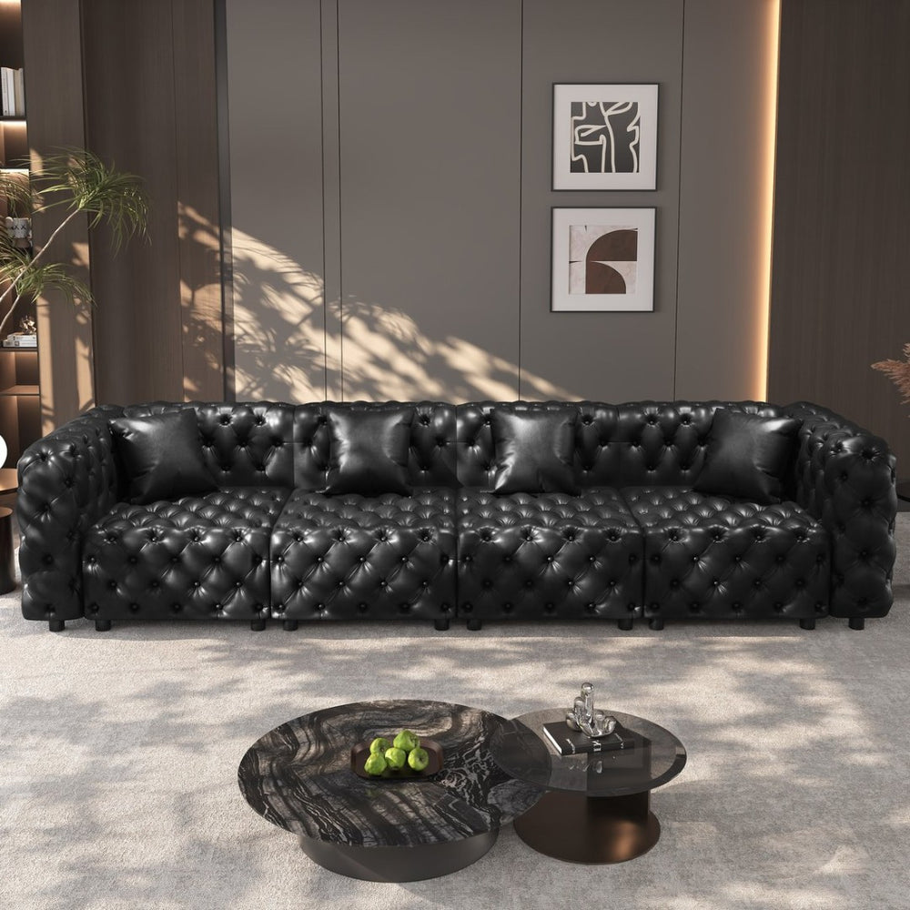 English Elm 134.4" Faux Leather Modular Sectional Sofa with Button Tufted Detail for Living Room Black W1885S00528