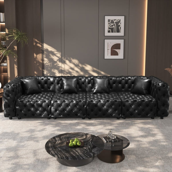 English Elm 134.4" Faux Leather Modular Sectional Sofa with Button Tufted Detail for Living Room Black W1885S00528
